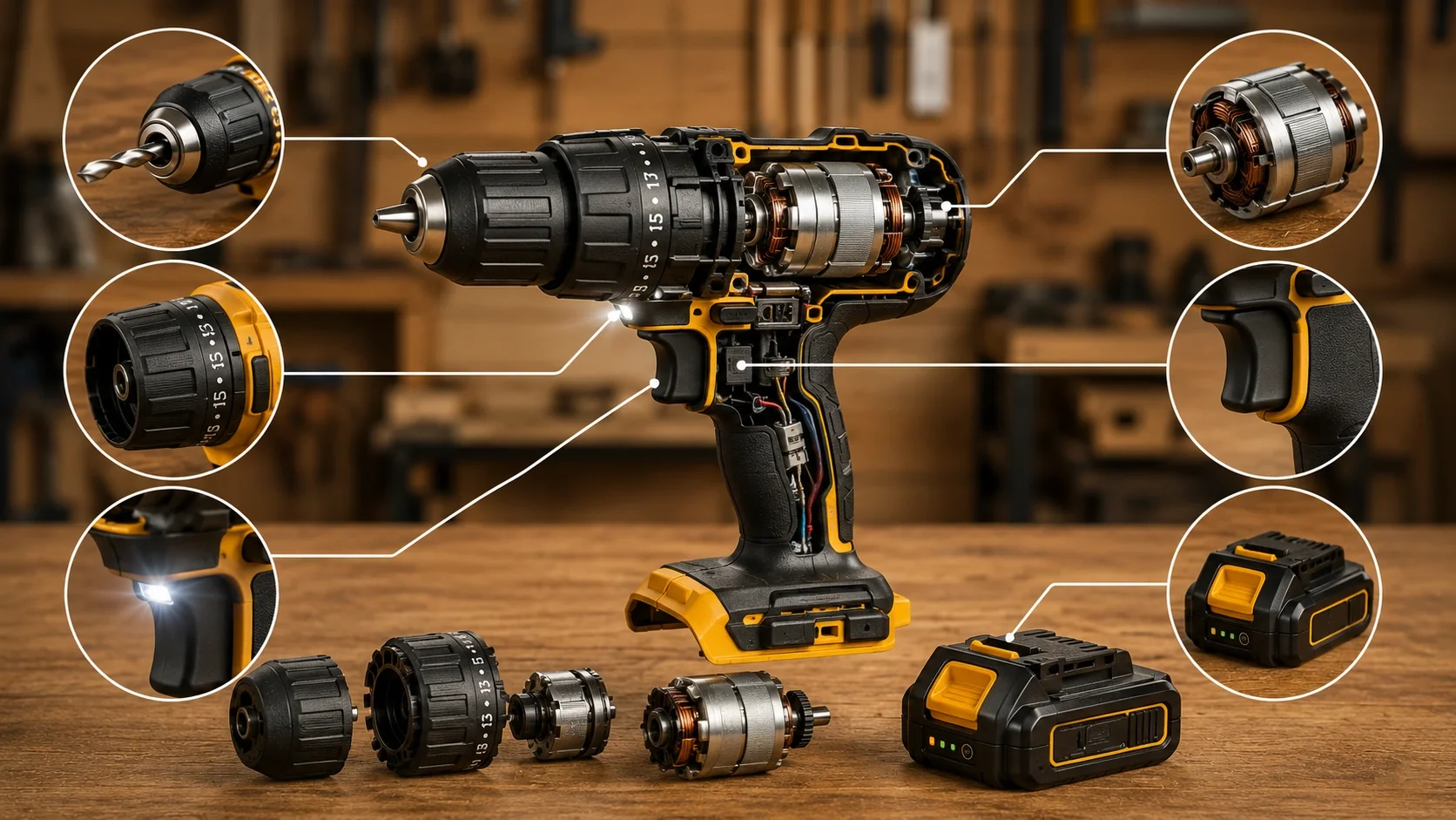 Key features of cordless drills - battery, clutch, chuck, motor