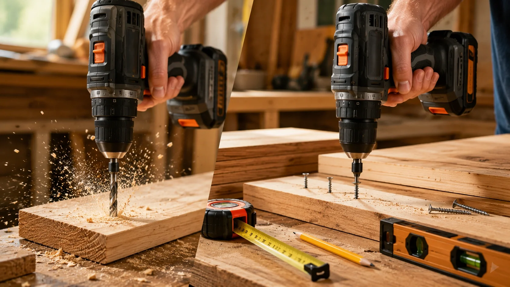 Cordless drill being used for drilling and driving screws