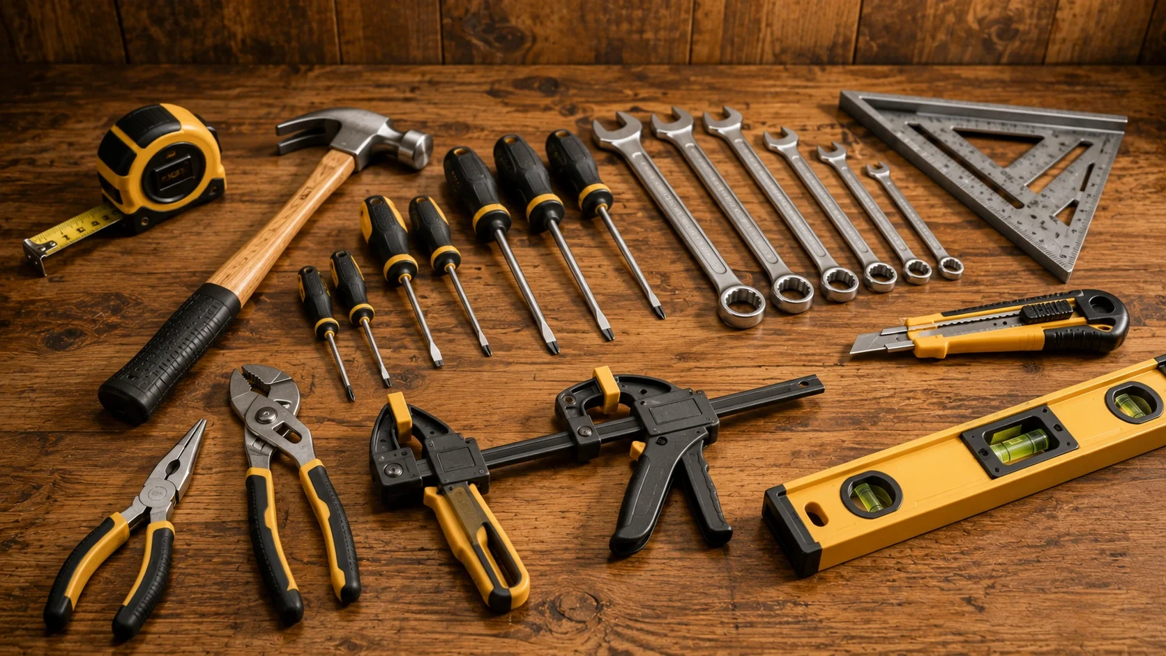 Essential hand tools including tape measure, hammer, screwdrivers, and pliers