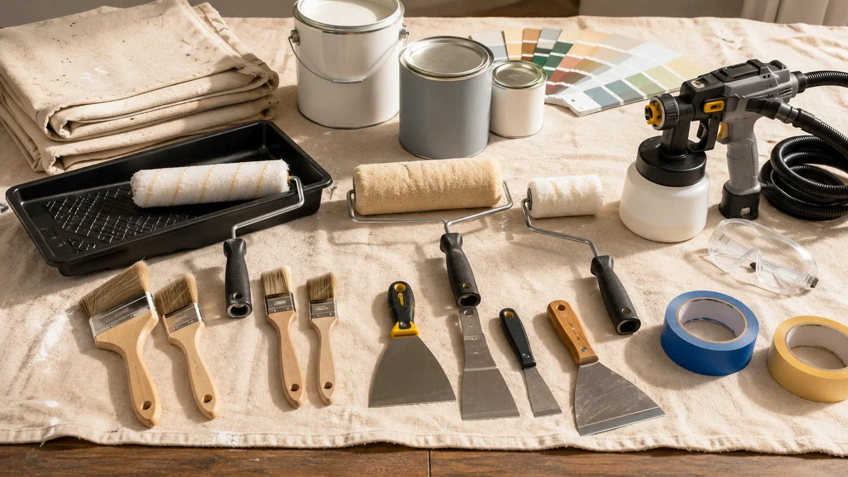 Essential painting tools including brushes, rollers, and sprayers