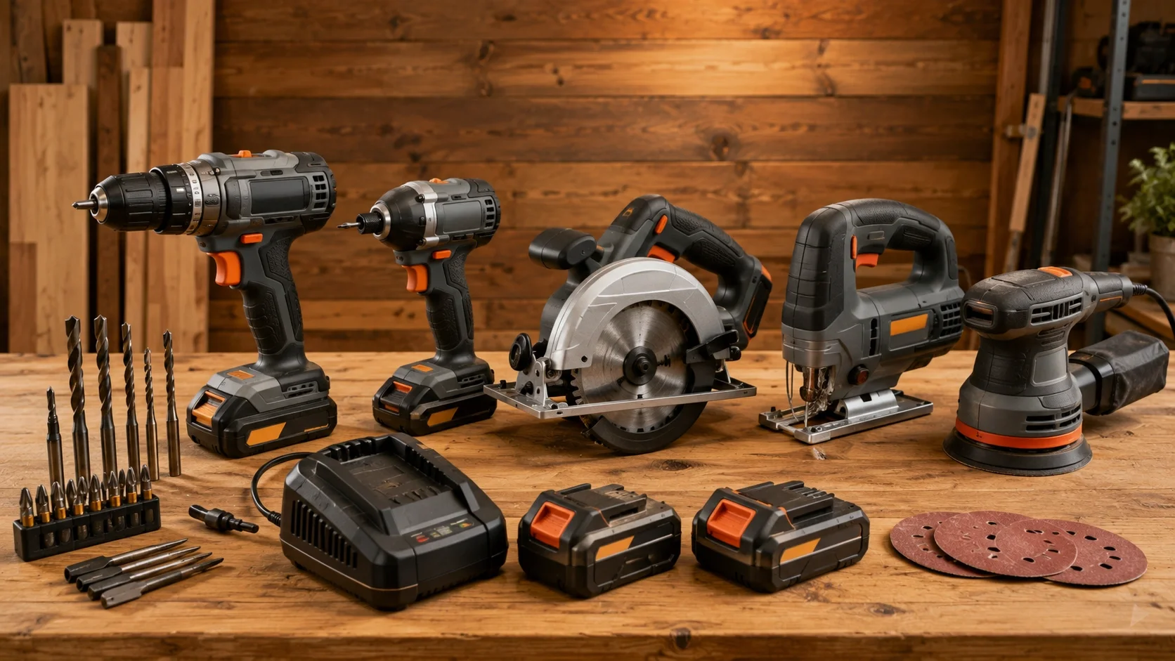 Essential power tools including cordless drill, circular saw, and impact driver