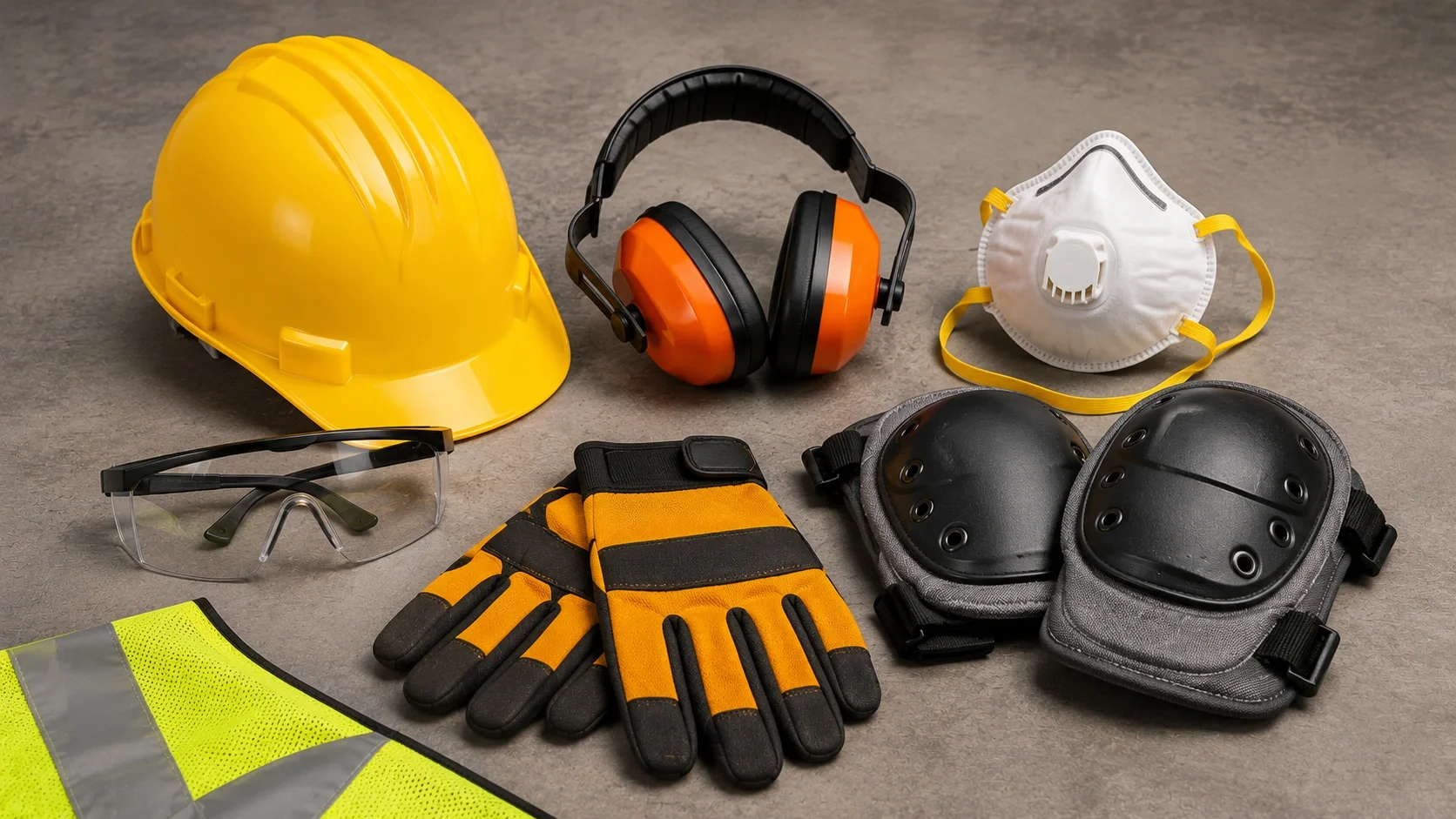 Essential safety gear including safety glasses, ear protection, and respirator