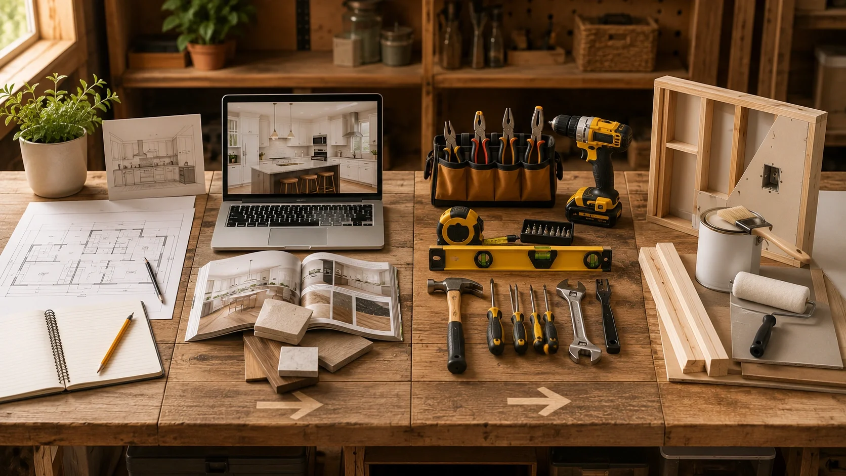 Home improvement process steps: planning, researching, gathering tools, and executing