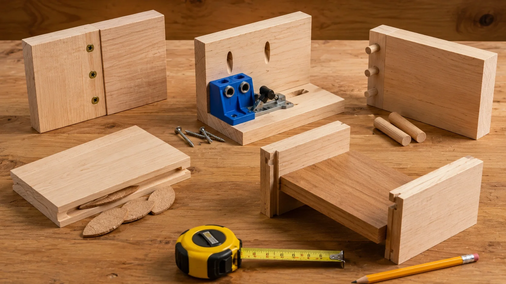 Woodworking joinery basics: butt joint, pocket hole, dowel joint, and biscuit joint