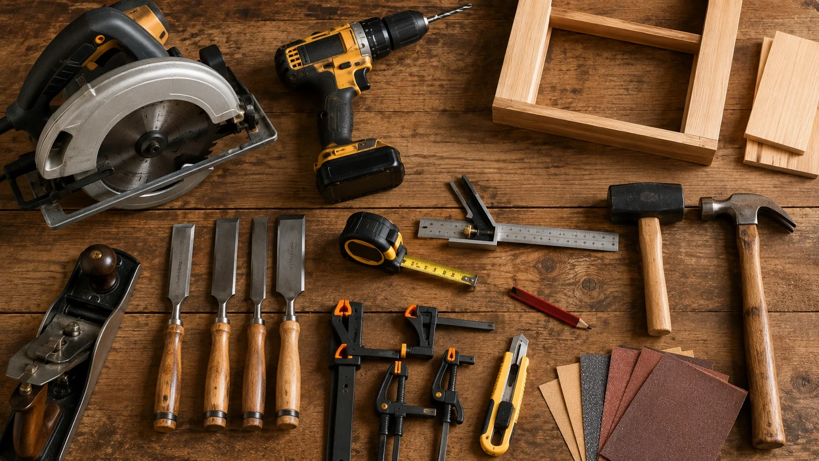 Essential woodworking tools for beginners - saws, chisels, clamps, and measuring tools